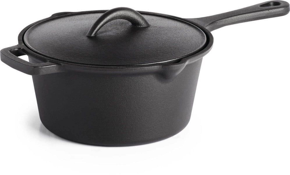 Cast Iron Saucepan 2L with Lid | Porcelain-Coated | BBQ Safe | Ergonomic Handle | Easy-Pour Spouts | Slow-Cooking