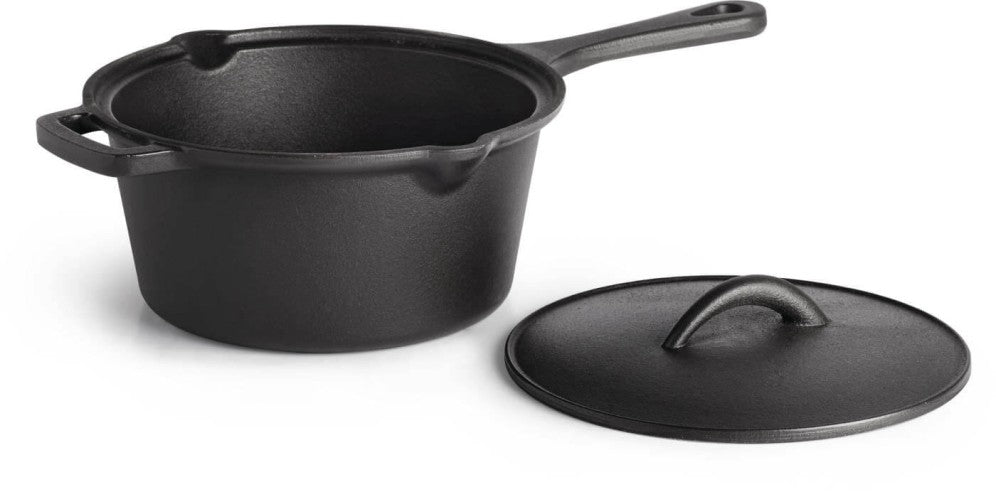 Cast Iron Saucepan 2L with Lid | Porcelain-Coated | BBQ Safe | Ergonomic Handle | Easy-Pour Spouts | Slow-Cooking