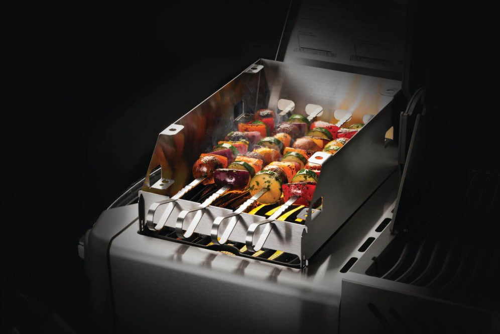 Napoleon Side Burner Windshield | Skewer Rack | Stainless Steel Grill Accessory | 4 Skewers Included | Wind Protection UK | Caterbitz