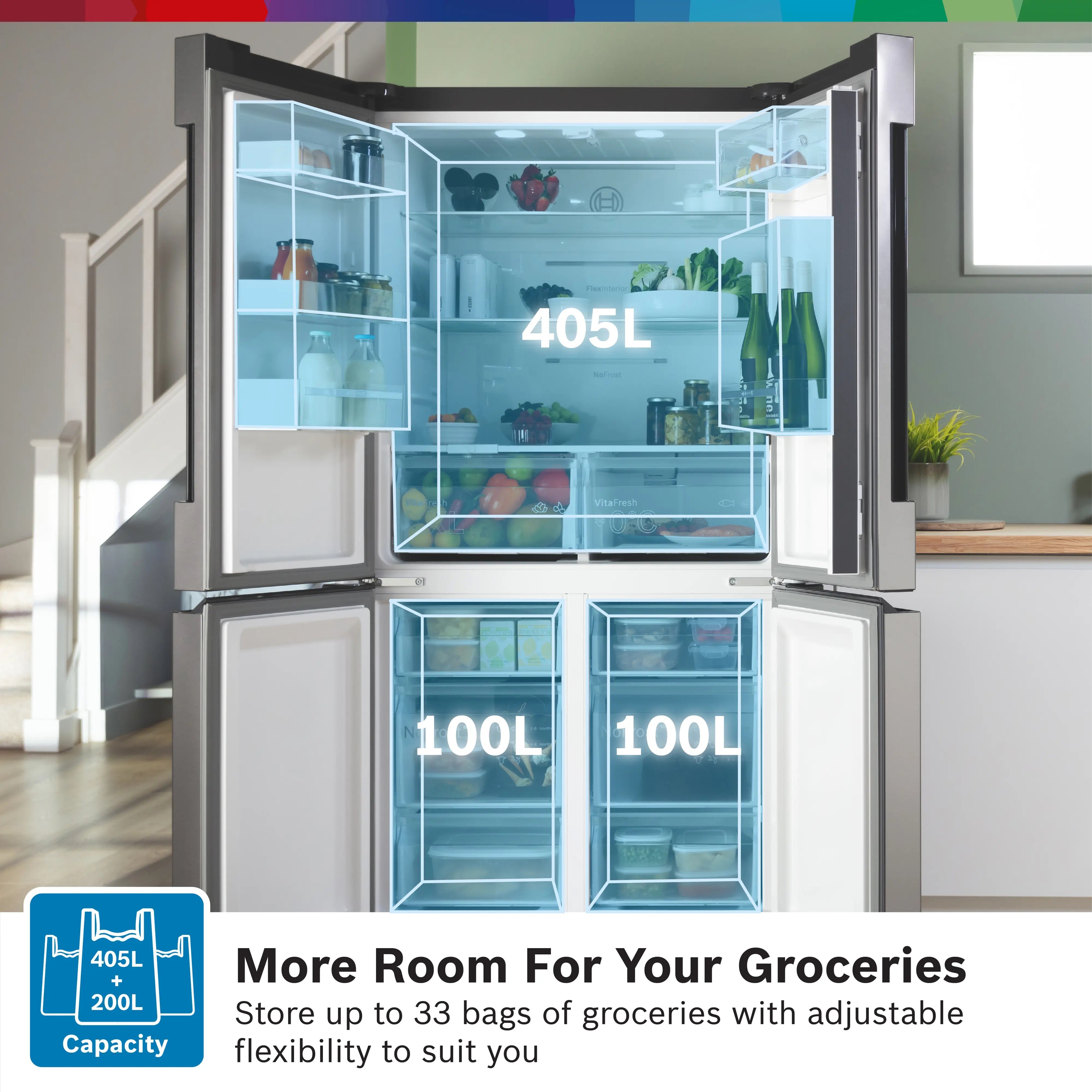 Bosch Series 4 Multi Door American Fridge Freezer 183 x 90.5 cm Stainless steel - KFN96VPEAG