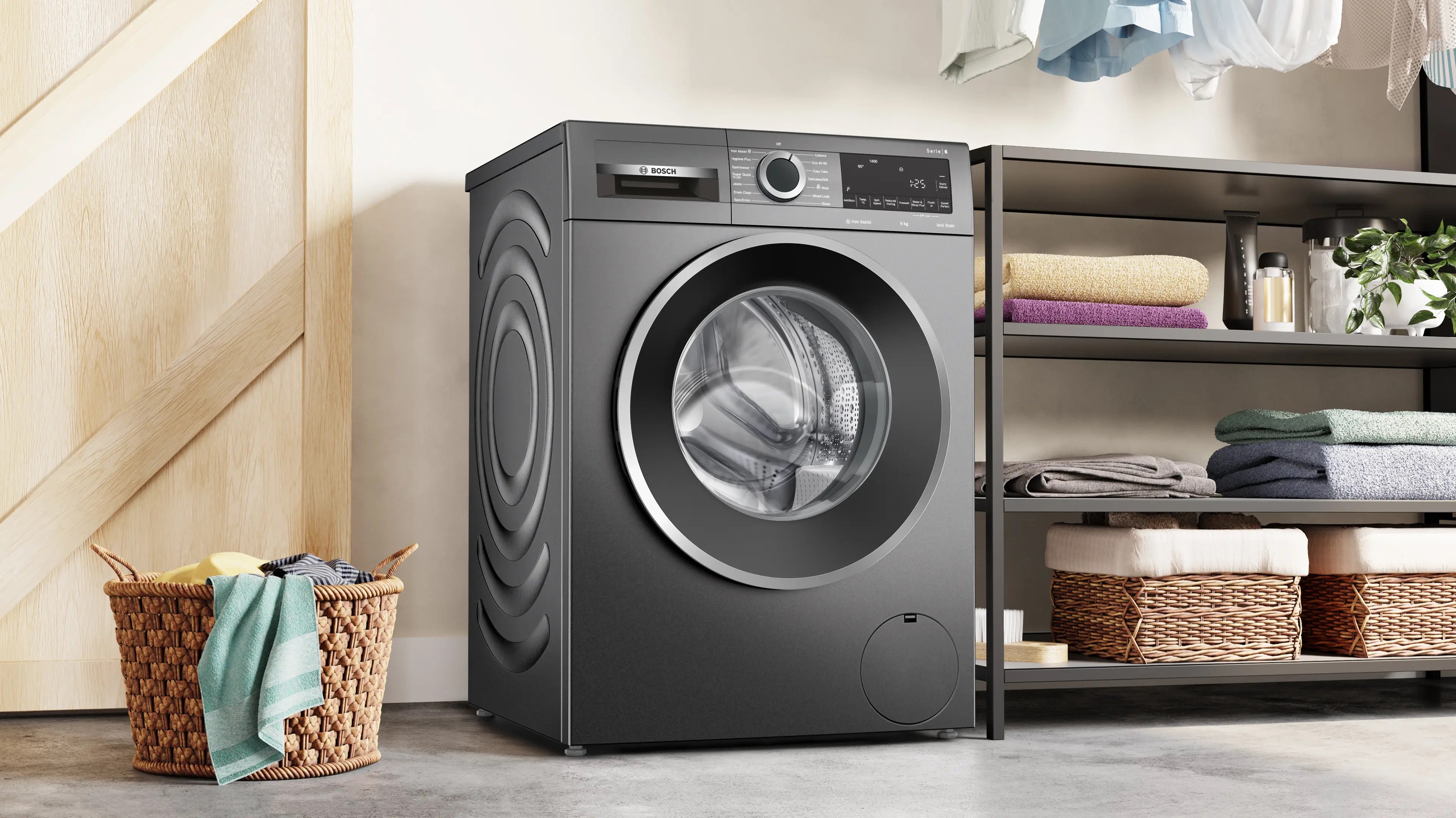 Bosch Series 6 Washing machine, front loader 9 kg max. 1400 rpm, Cast iron grey - WGG244ZCGB