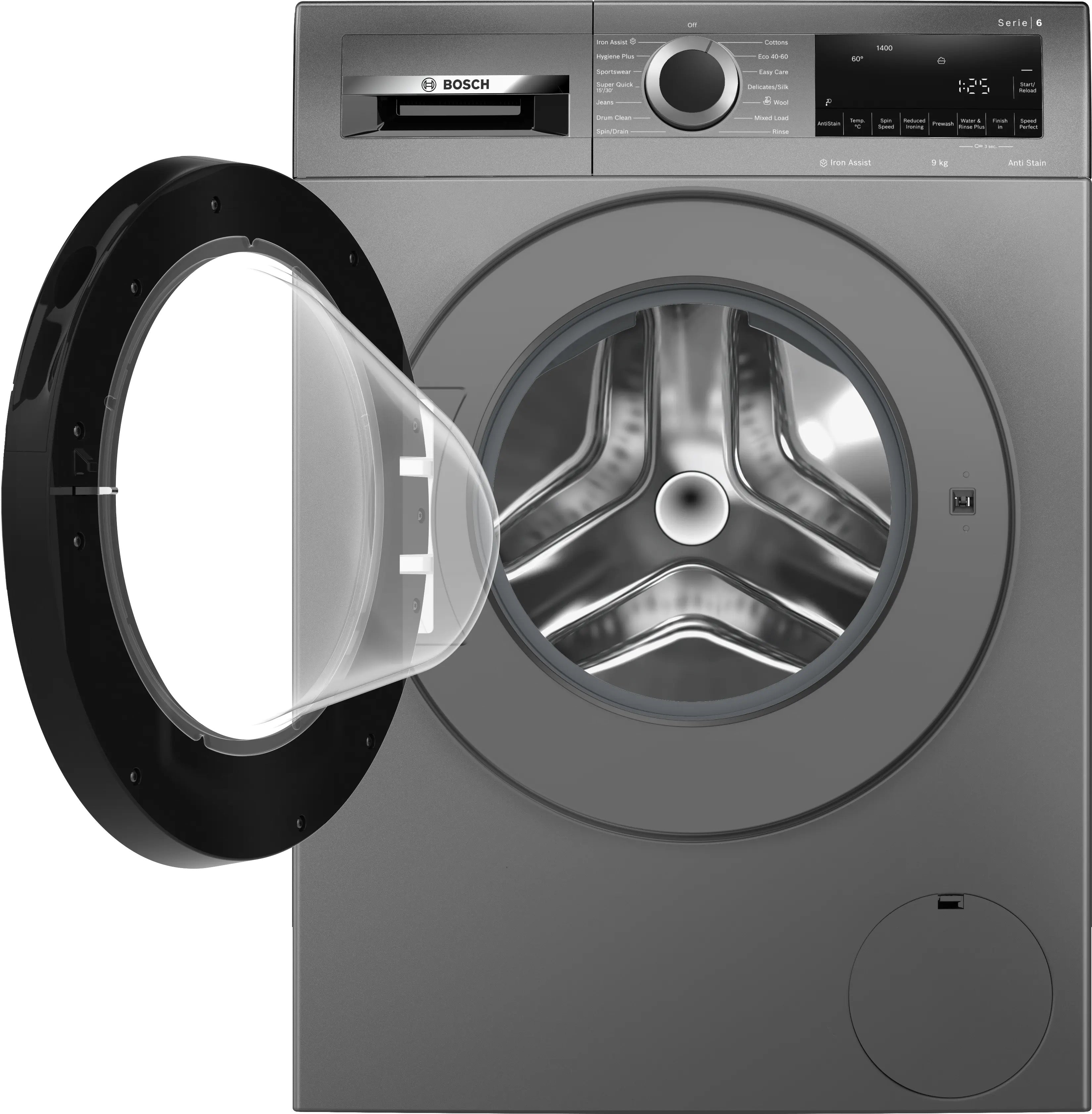 Bosch Series 6 Washing machine, front loader 9 kg max. 1400 rpm, Cast iron grey - WGG244ZCGB