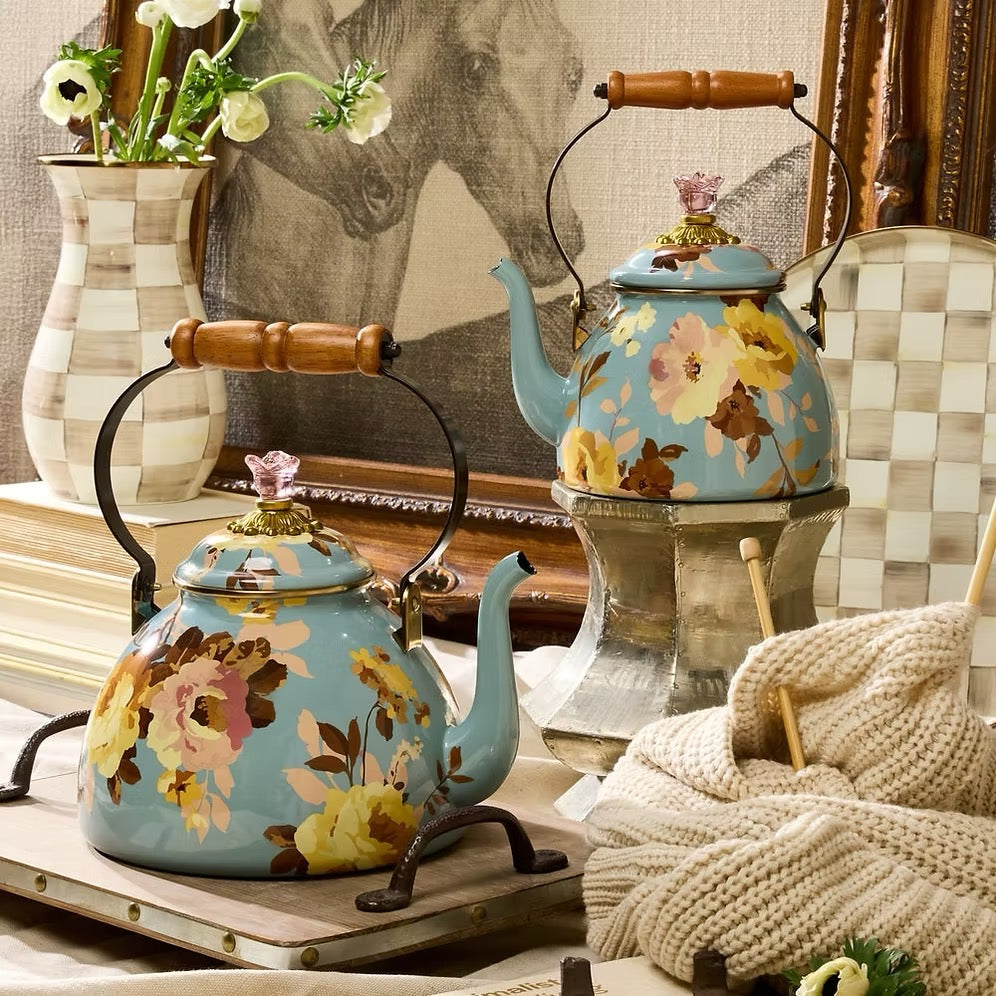 Mackenzie-Childs Wild Rose Slate 3 Quart Tea Kettle