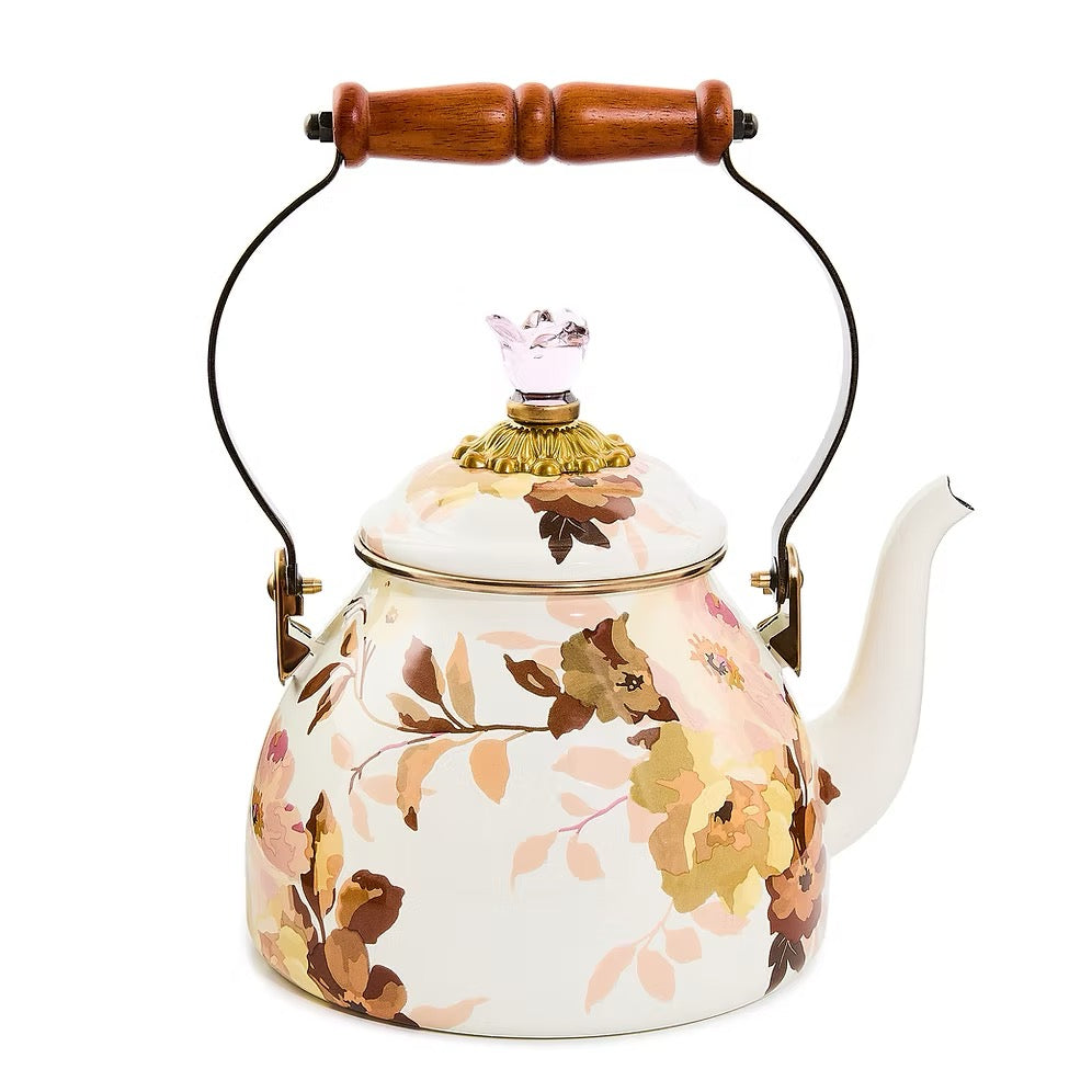 Mackenzie-Childs Wild Rose White 2 Quart Tea Kettle