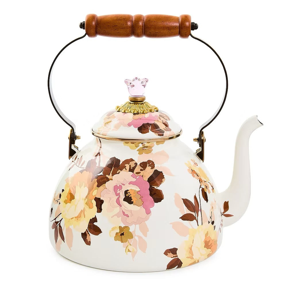 Mackenzie-Childs Wild Rose White 3 Quart Tea Kettle