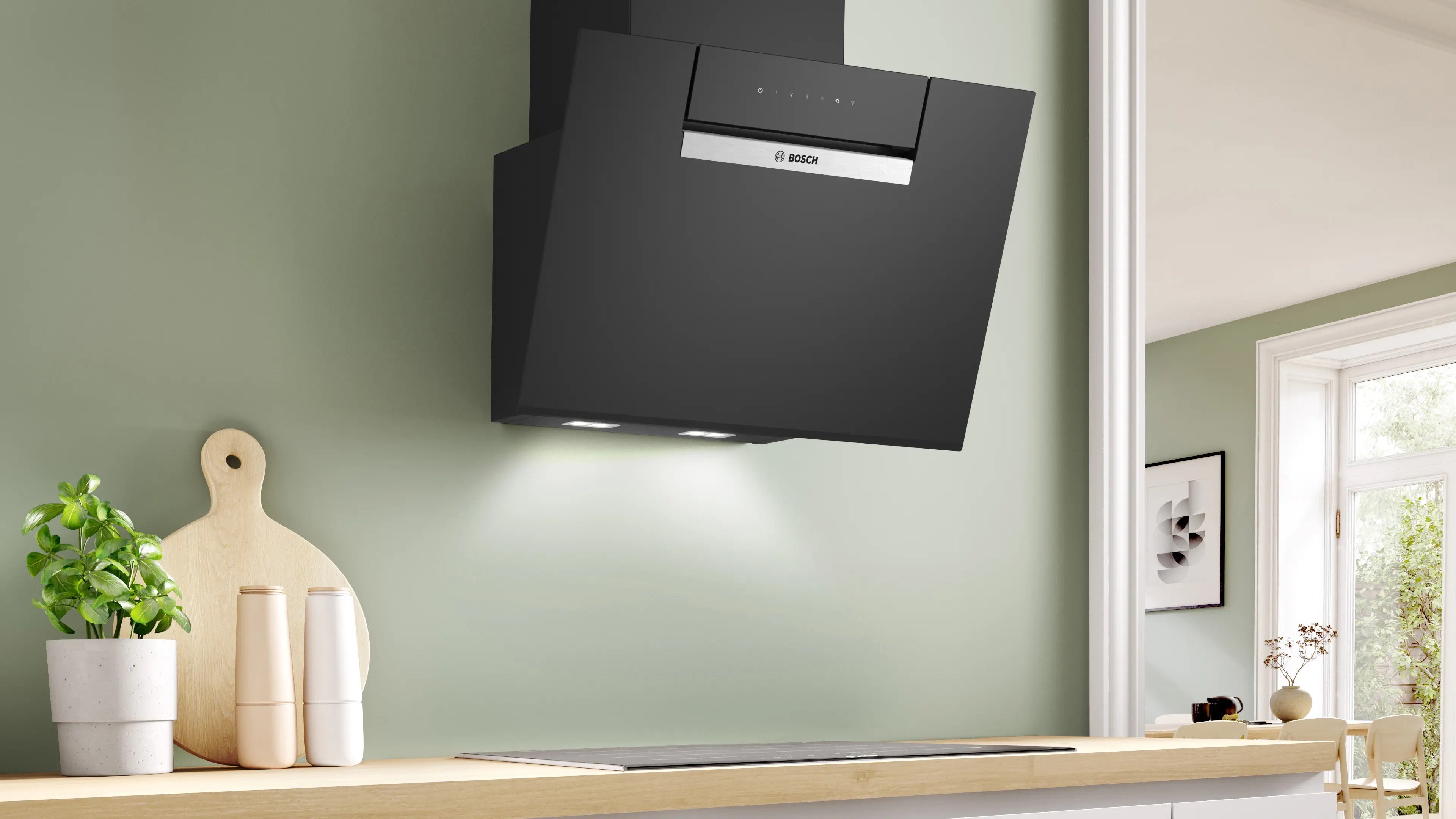 Bosch Series 4 Wall-mounted cooker hood 60 cm clear glass black printed, Black - DWK67FN60B