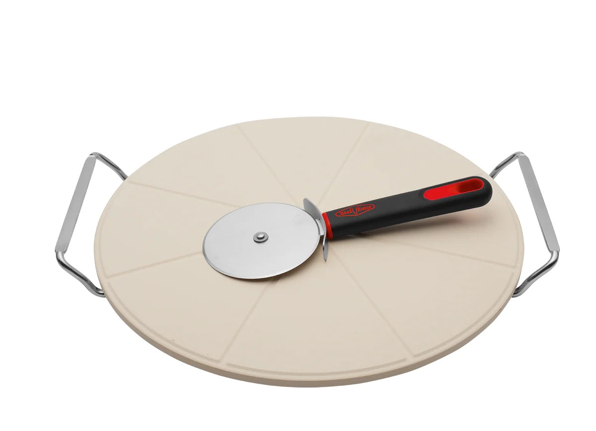 BeefEater Pizza Pack (3 Piece Set) Round Pizza Stone, Stand & Pizza Cutter