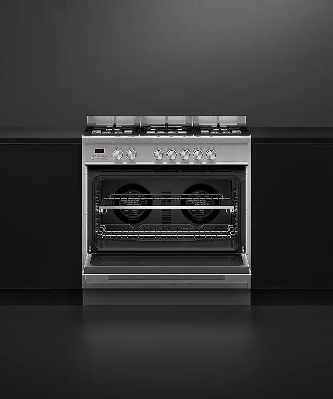 Fisher & Paykel Series 7 OR90SDG4X1 900mm Wide, Contemporary Stainless Steel, Single Cavity Oven with Gas Hob, Full Width Pan Storage Drawer and 1 x Fully Extending Telescopic Shelf