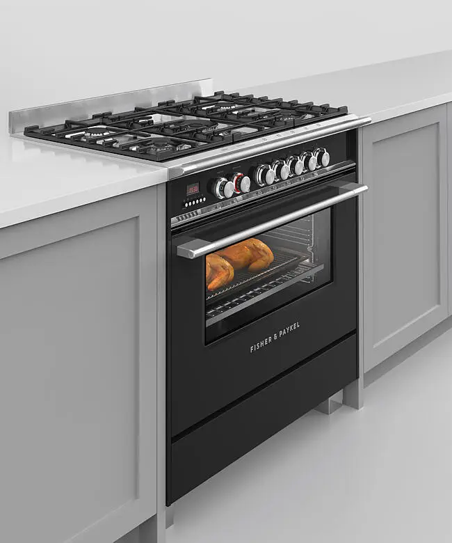 Fisher & Paykel Series 7 OR90SCG4B1 900mm Wide, Classic Black, Single Cavity Oven with Gas Hob, Full Width Pan Storage Drawer and 1 x Fully Extending Telescopic Shelf