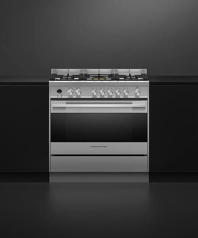 Fisher & Paykel Series 9 OR90SDG6X1 900mm Wide, Contemporary Stainless Steel, Single Cavity Pyroclean Oven with Gas Hob, Full Width Warming Drawer and 2 x Fully Extending Telescopic Shelves