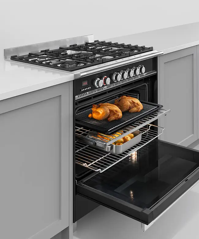 Fisher & Paykel Series 7 OR90SCG4B1 900mm Wide, Classic Black, Single Cavity Oven with Gas Hob, Full Width Pan Storage Drawer and 1 x Fully Extending Telescopic Shelf