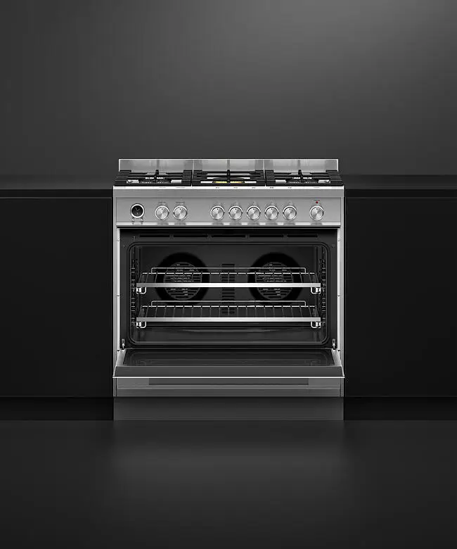 Fisher & Paykel Series 9 OR90SDG6X1 900mm Wide, Contemporary Stainless Steel, Single Cavity Pyroclean Oven with Gas Hob, Full Width Warming Drawer and 2 x Fully Extending Telescopic Shelves
