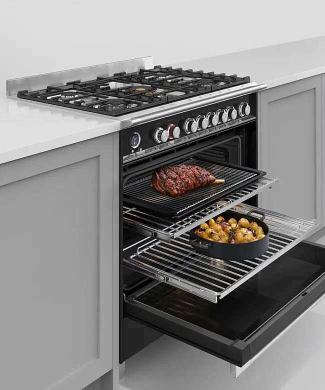 Fisher & Paykel Series 9 OR90SCG6B1 900mm Wide, Classic Black, Single Cavity Pyroclean Oven with Gas Hob, Full Width Warming Drawer and 2 x Fully Extending Telescopic Shelves
