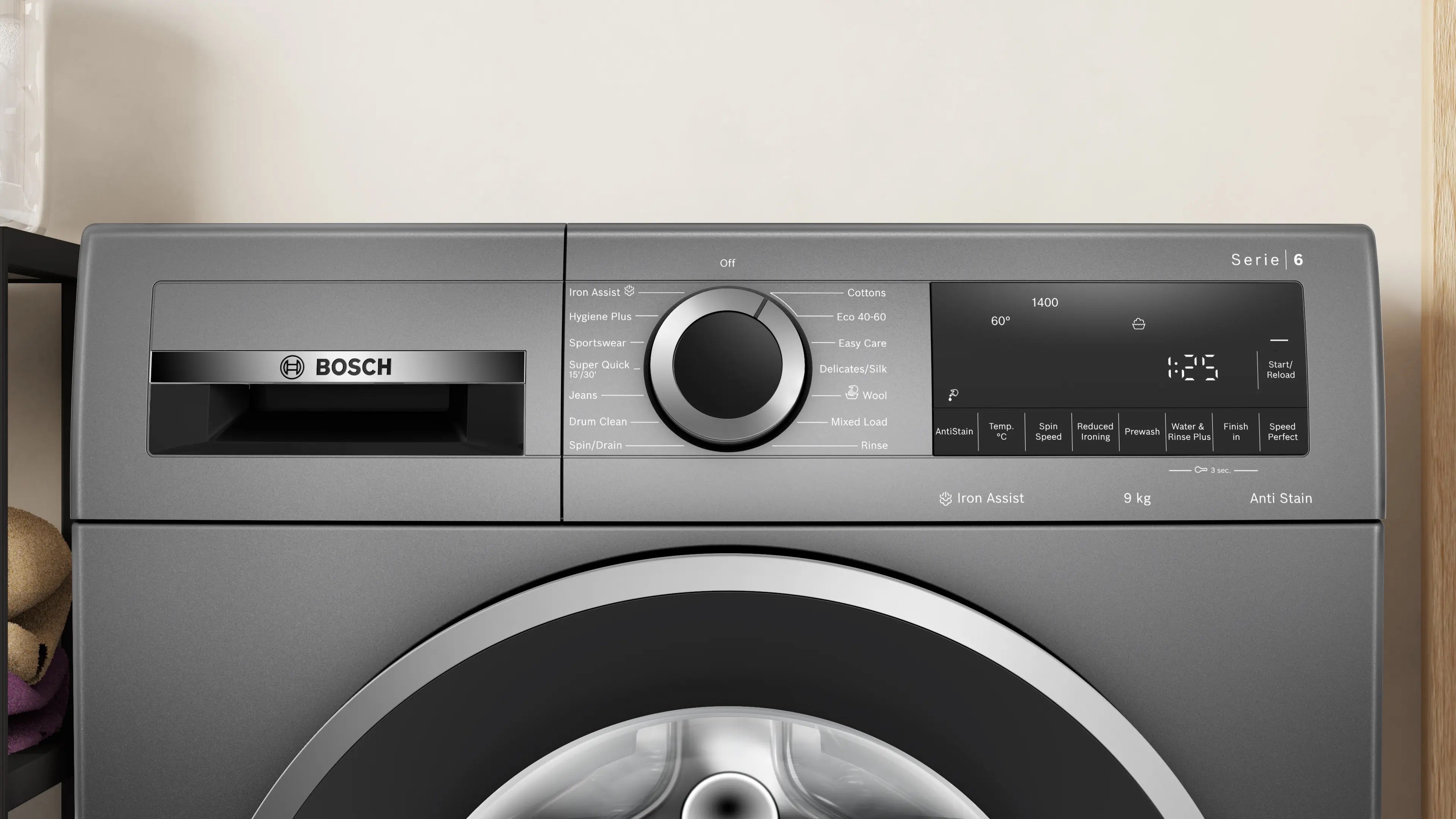 Bosch Series 6 Washing machine, front loader 9 kg max. 1400 rpm, Cast iron grey - WGG244ZCGB