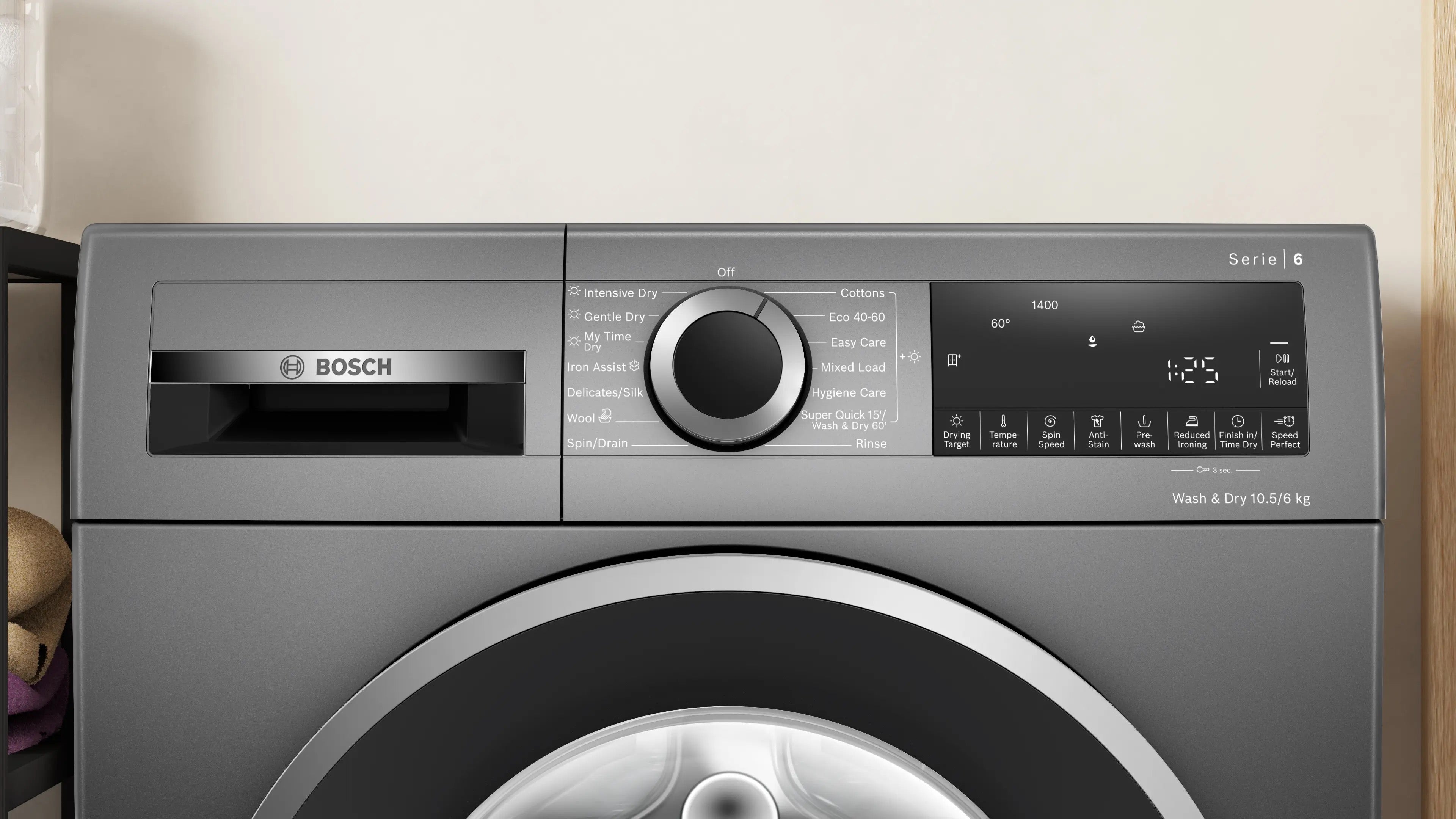Bosch Series 6 Washer dryer 10.5/6 kg max. 1400 rpm, Cast iron grey - WNG254R1GB