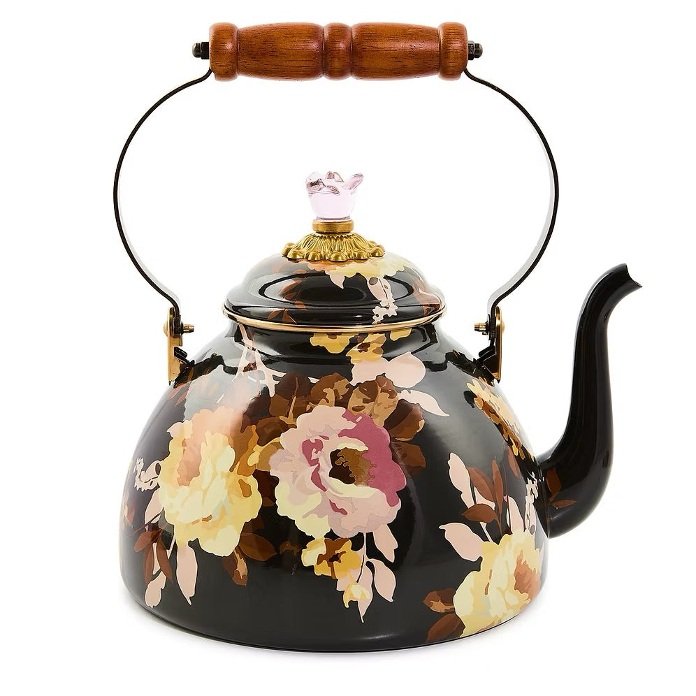 Mackenzie-Childs Wild Rose Brown 3 Quart Tea Kettle