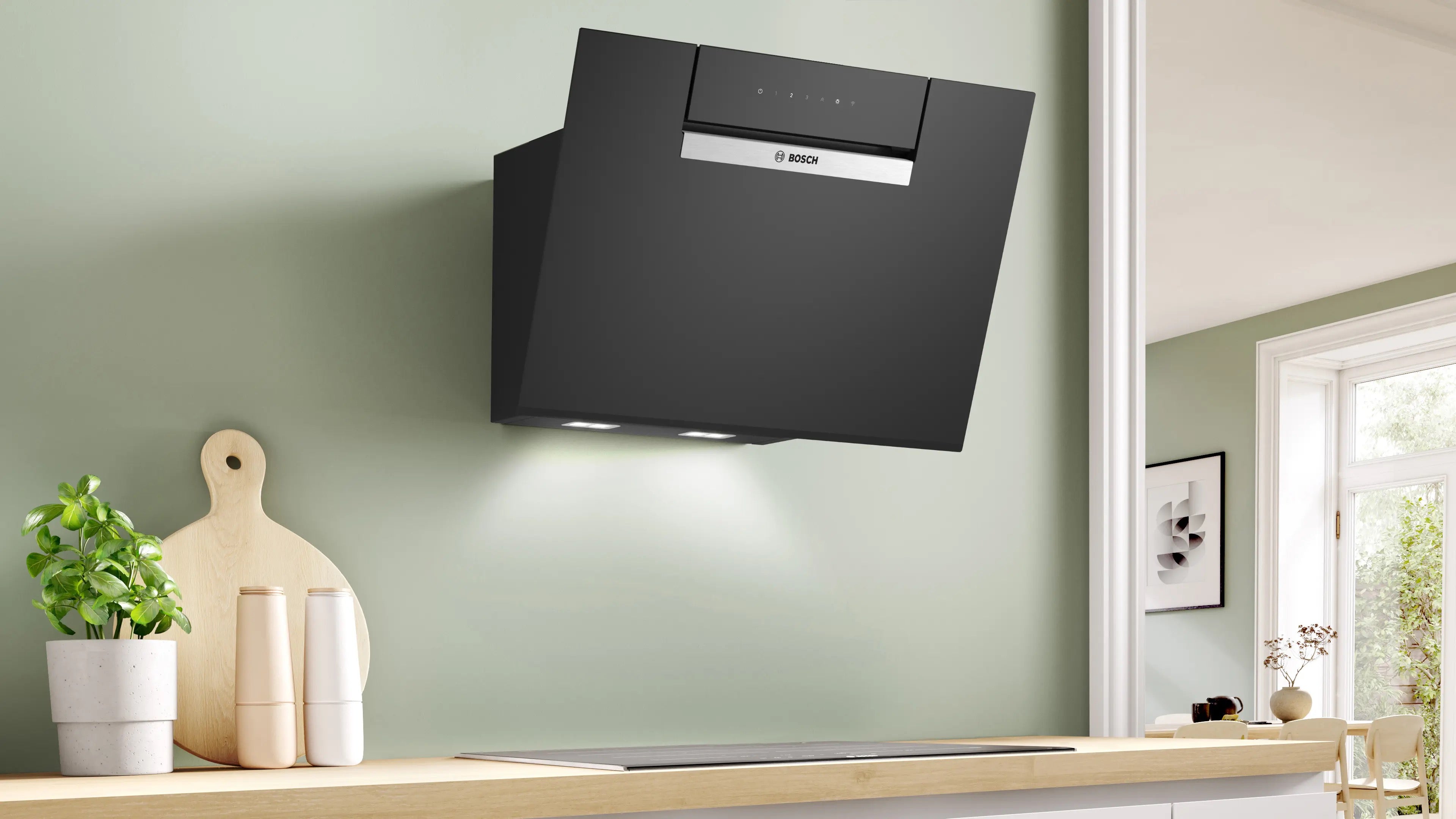 Bosch Series 4 Wall-mounted cooker hood 60 cm clear glass black printed, Black - DWK67FN60B