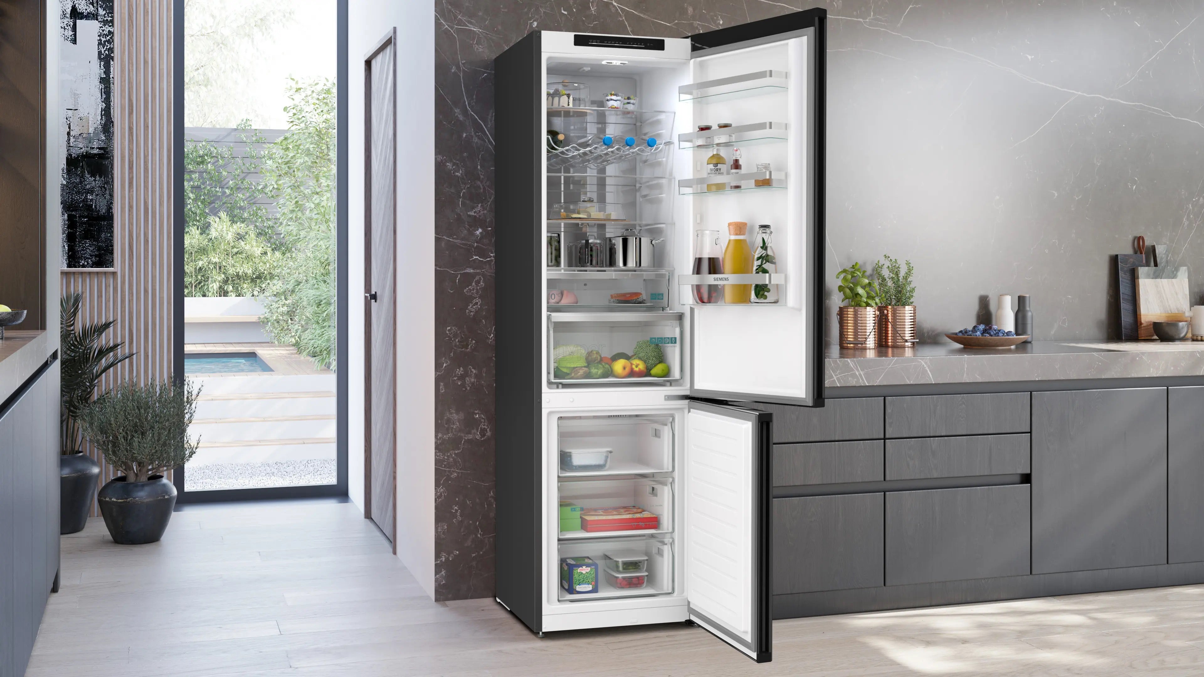 Siemens iQ300 Free-standing fridge-freezer with freezer at bottom 203 x 60 cm Brushed black steel antiFingerprint - KG39NVXBG