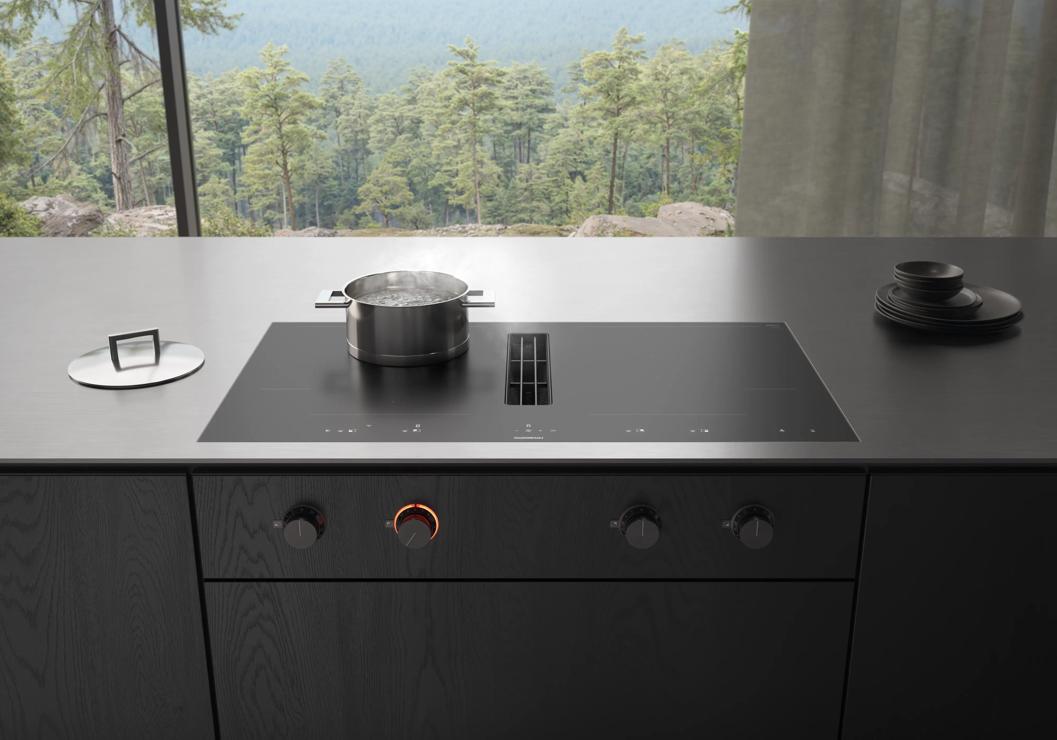 Gaggenau 400 series Flex induction cooktop with integrated ventilation system 90 cm matte finish