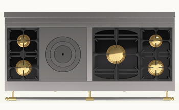 (K1) 2 gas burners (small burner at the back), 1 gas French Top, 1 maxi gas burner, 2 gas burners (small burner at the back)