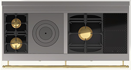  (KM) 2 Gas Burners (small burner at the back), 1 Gas French Top, 1 Gas Maxi Burner, 2 Induction Hob with 2 Cooking Zones