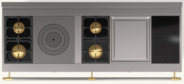 (N8) 2 Gas Burners (small at the back), 1 Gas French Top, 2 Gas Burners (small at the back), 1 Large Electric Teppanyaki, 1 Induction Hob with 2 Cooking Zones
