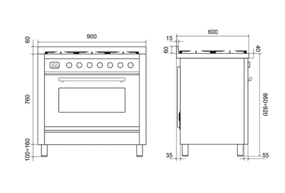 ILVE Roma 90cm 6 Burner Dual Fuel Range Cooker - P096-WE3