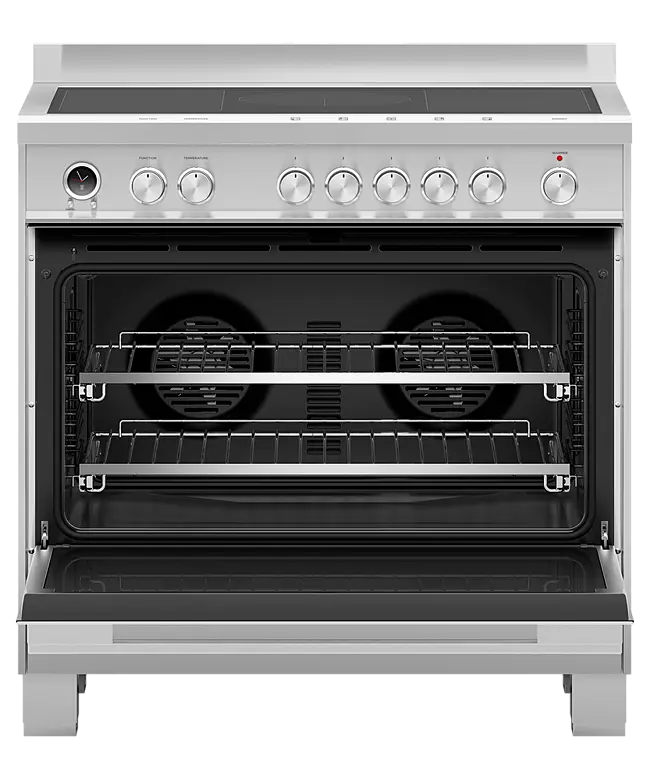 Fisher & Paykel Series 9 OR90SDI6X1 900mm Wide, Contemporary Stainless Steel, Single Cavity Pyroclean Oven with Induction Hob, Full Width Warming Drawer and 2 x Fully Extending Telescopic Shelves