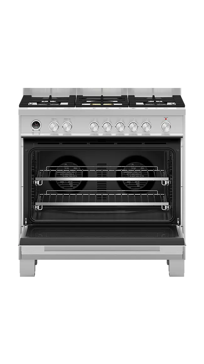 Fisher & Paykel Series 9 OR90SDG6X1 900mm Wide, Contemporary Stainless Steel, Single Cavity Pyroclean Oven with Gas Hob, Full Width Warming Drawer and 2 x Fully Extending Telescopic Shelves
