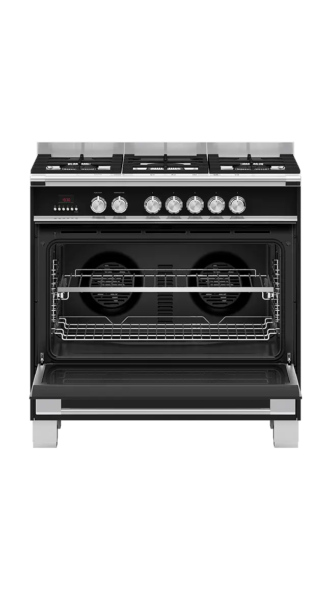 Fisher & Paykel Series 7 OR90SCG4B1 900mm Wide, Classic Black, Single Cavity Oven with Gas Hob, Full Width Pan Storage Drawer and 1 x Fully Extending Telescopic Shelf